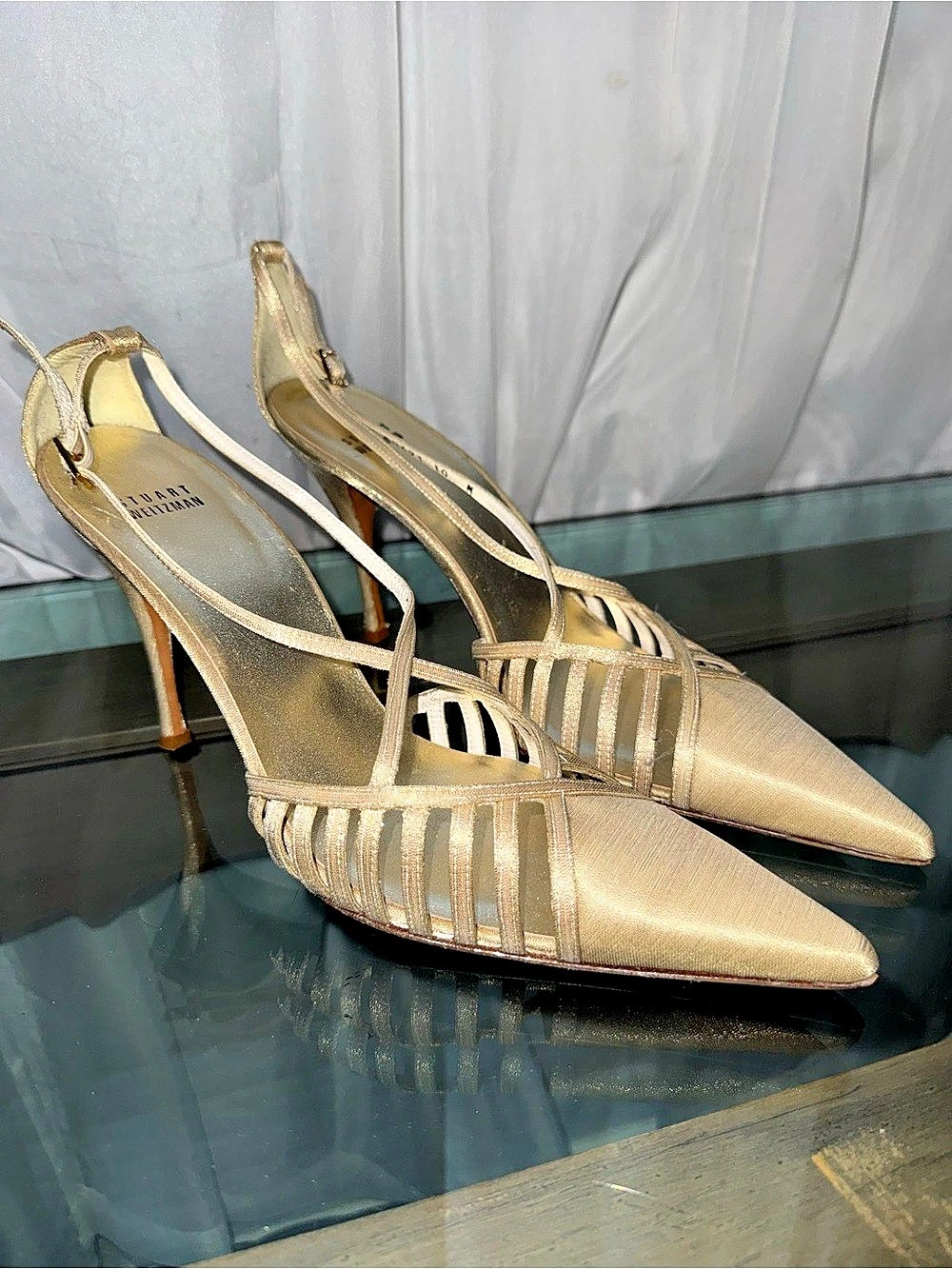 Stuart Weitzman Gold Metallic Strappy Heels Size 10 - Picture 2 of 6